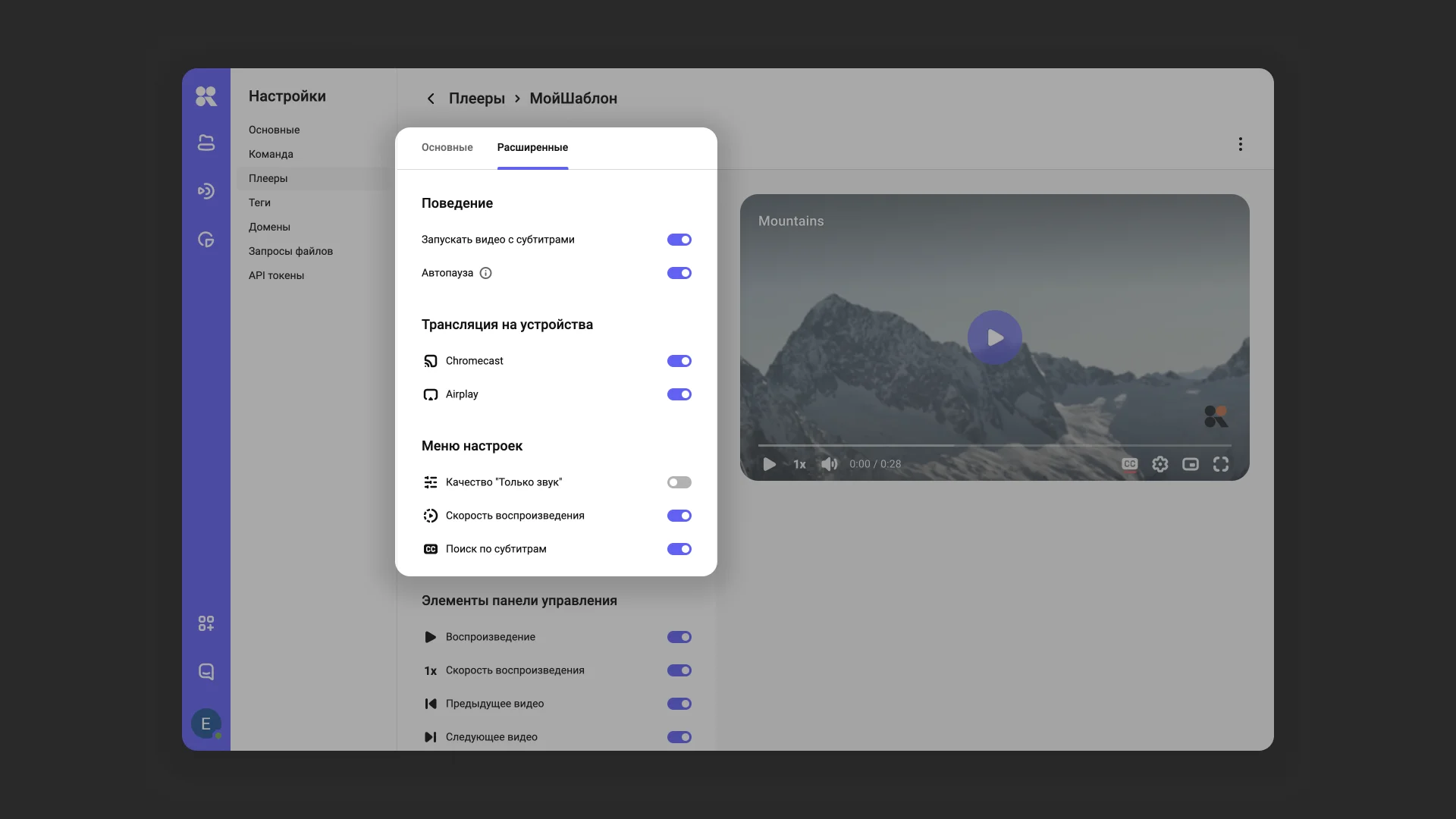 Интерфейс расширенных настроек плеера