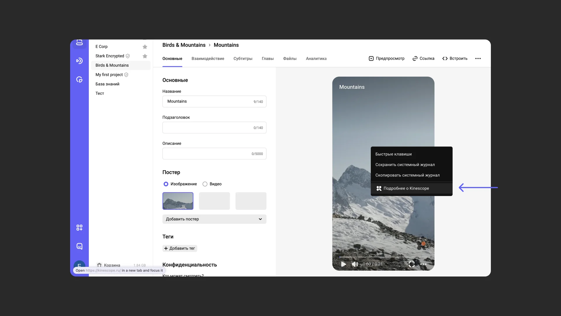 Пример настроек контекстного меню и псевдо-полноэкранного режима